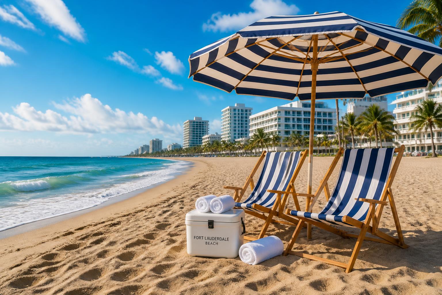 Navy and white striped beach chairs, umbrella, cooler and towels set up on Fort Lauderdale sand