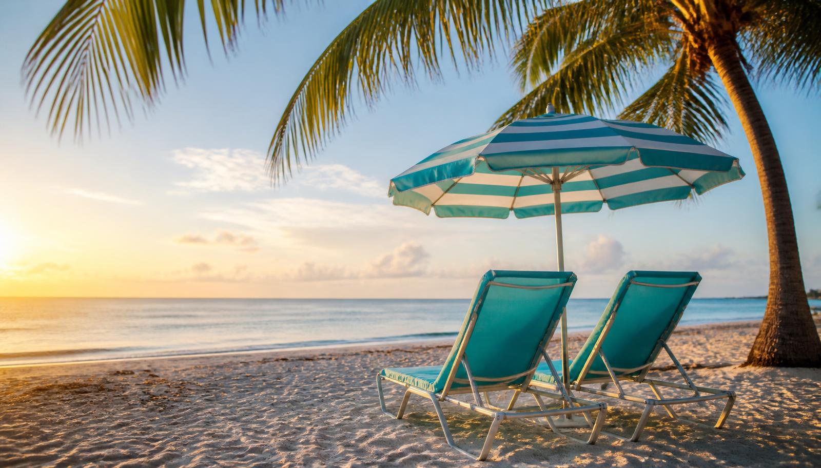 Turquoise beach loungers and a striped umbrella set up on Fort Lauderdale sand at sunrise